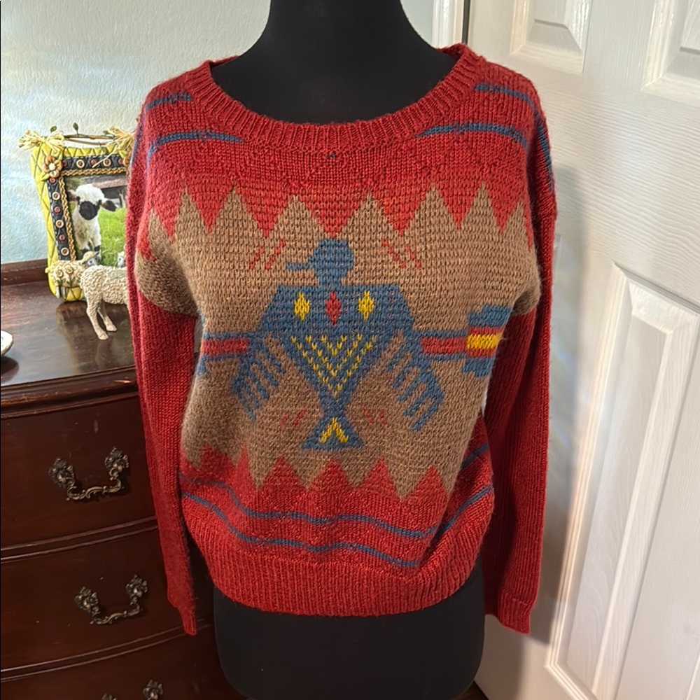 Tribal Patterned Thunderbird Red and Tan Sweater
